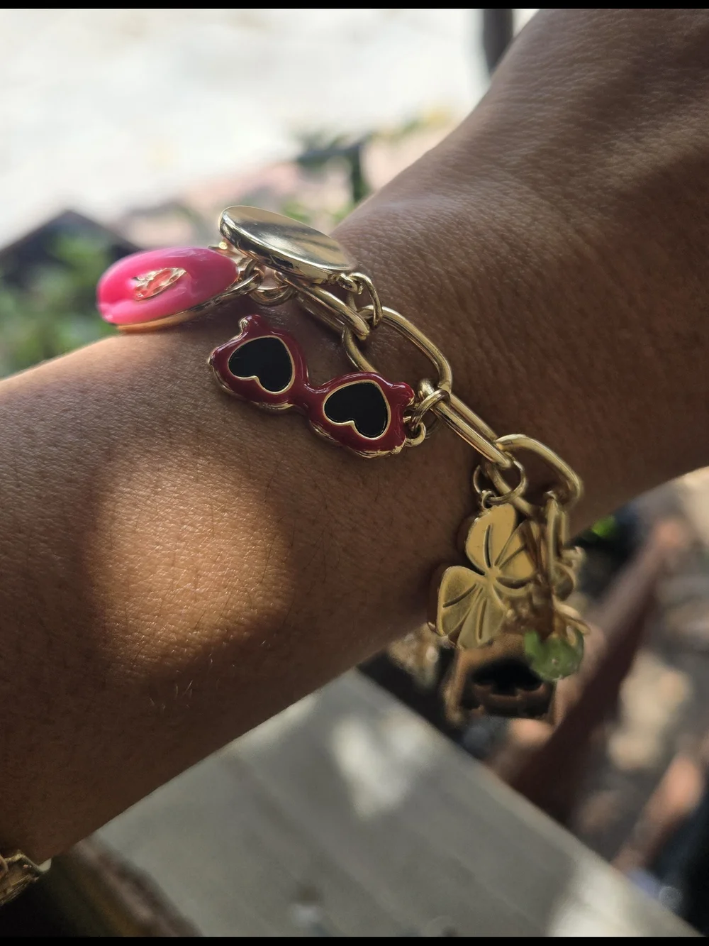 Gold Charm Bracelet with Pink & Green Accents - Women's Fashion Bracelet